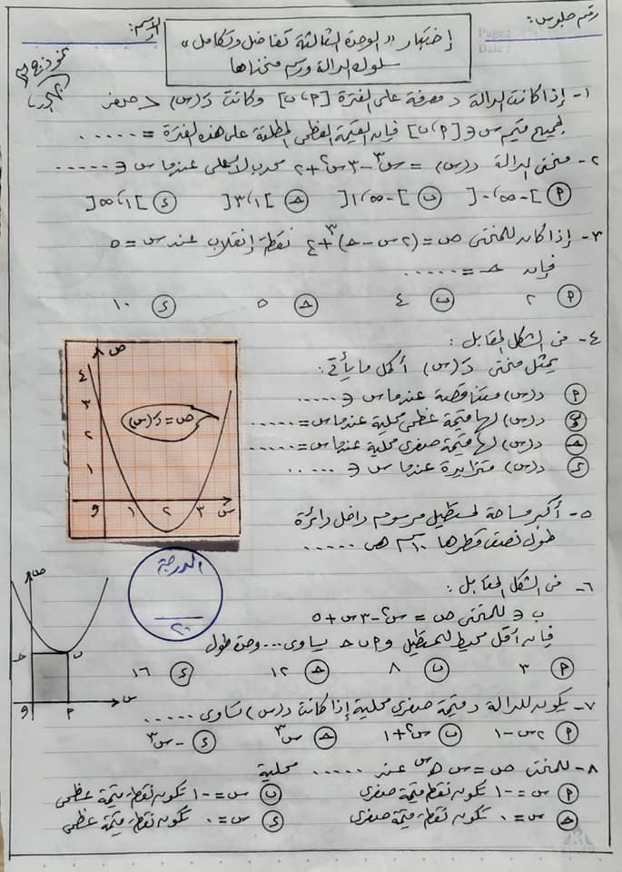 اختبار تفاصل علي الوحدة الثالثة  -سلوك الدائرة ورسم منحناها  -للصف الثالث الثانوي