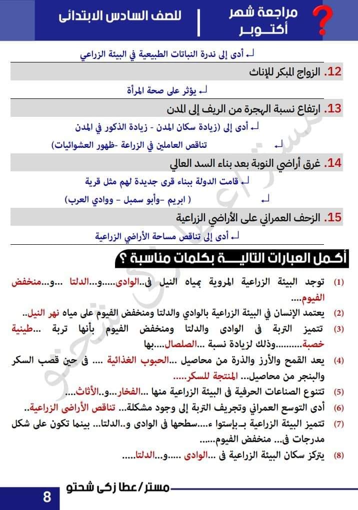 مراجعة دراسات مقرر أكتوبر الصف السادس الابتدائى - الترم الأول -لمسترعطا زكى شحتو