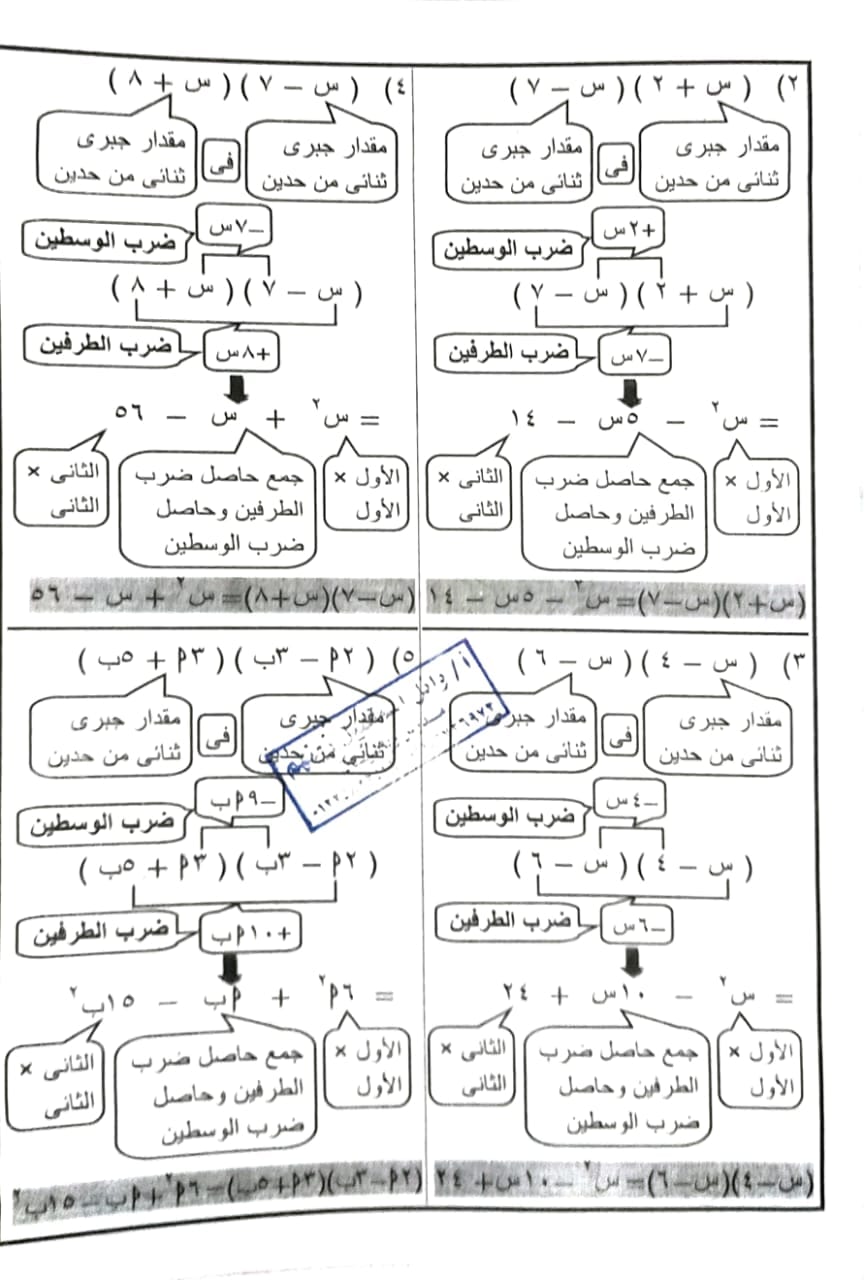 الضرب بمجرد النظر للصف الاول الاعدادى الترم الأول  ضرب المقادير الجبرية 2023